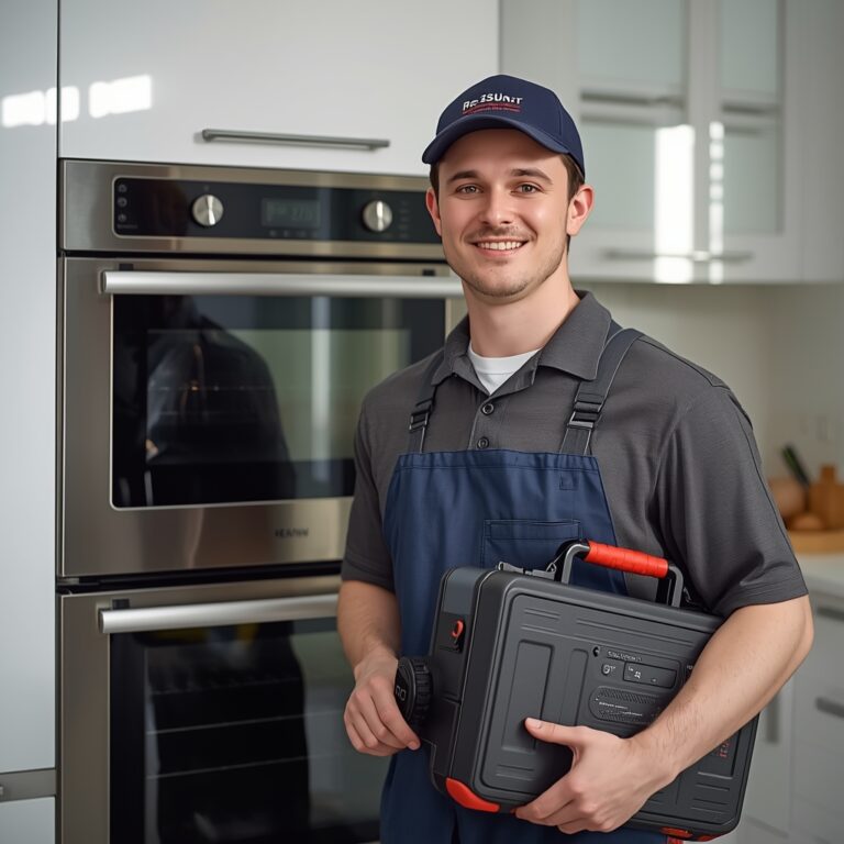 lucid origin Smiling professional appliance repair technician holding toolbox standing in fro 0 (1)