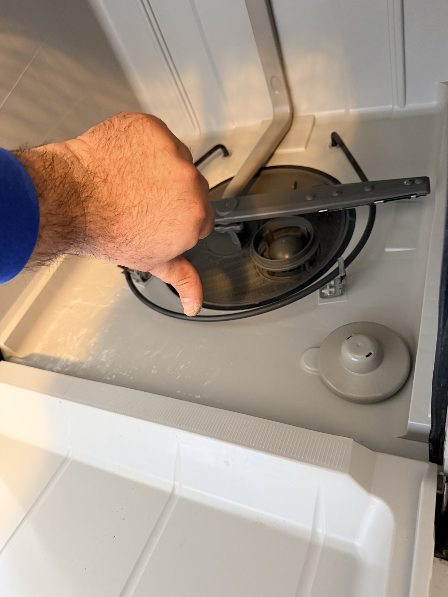 Removing the filter from a Bosch dishwasher to clear an E24 drainage error